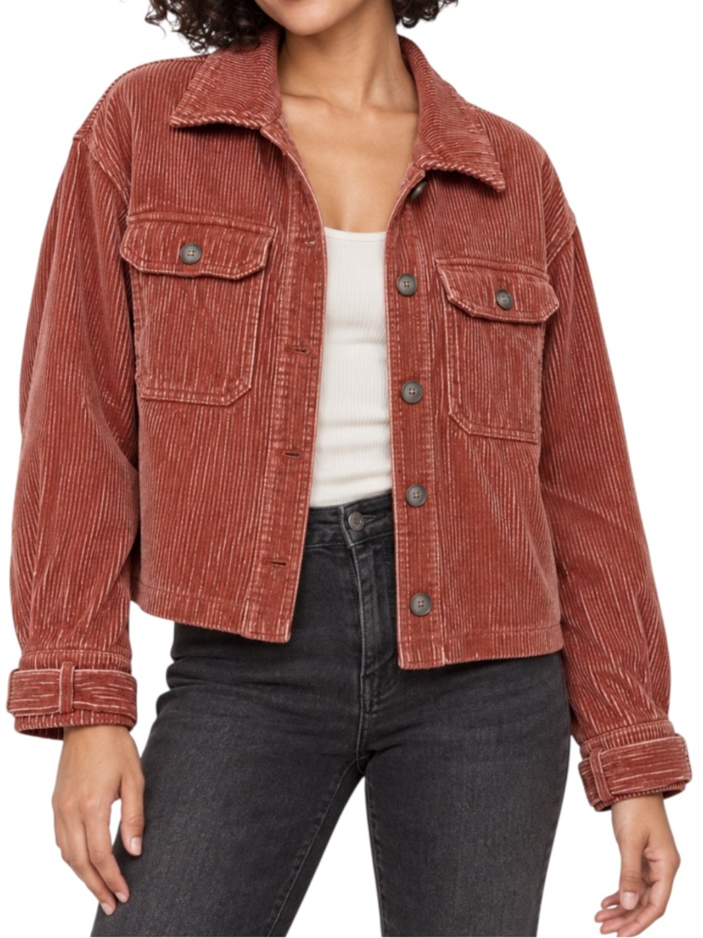 Avec Les Filles Women’s Medium Rust Corduroy Cropped Shacket Jacket 100% Cotton